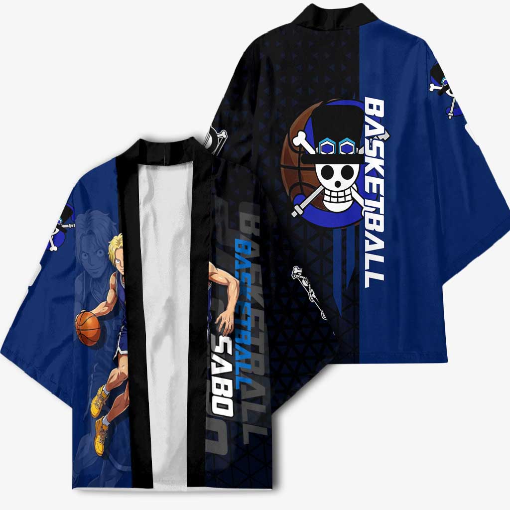 Sabo One Piece Basketball Theme Blue and Black Design Kimono with Top Hat Emblem and Action Dribble Pose - The Mazicc