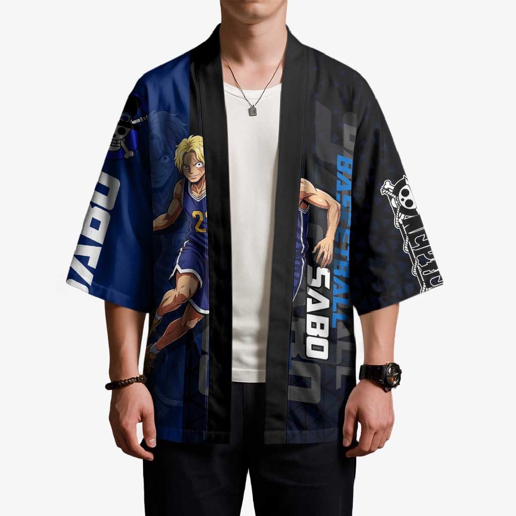 Sabo One Piece Basketball Theme Blue and Black Design Kimono with Top Hat Emblem and Action Dribble Pose - The Mazicc