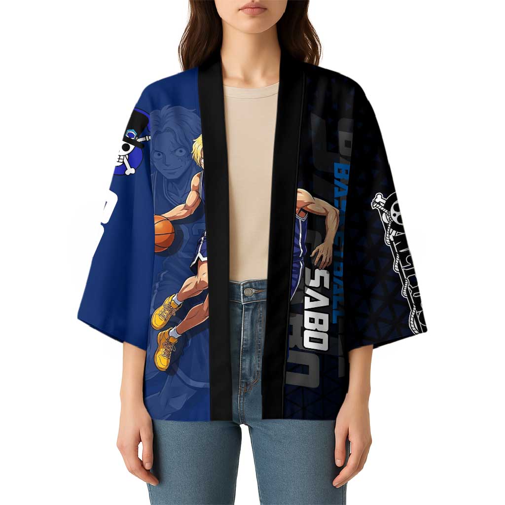 Sabo One Piece Basketball Theme Blue and Black Design Kimono with Top Hat Emblem and Action Dribble Pose - The Mazicc