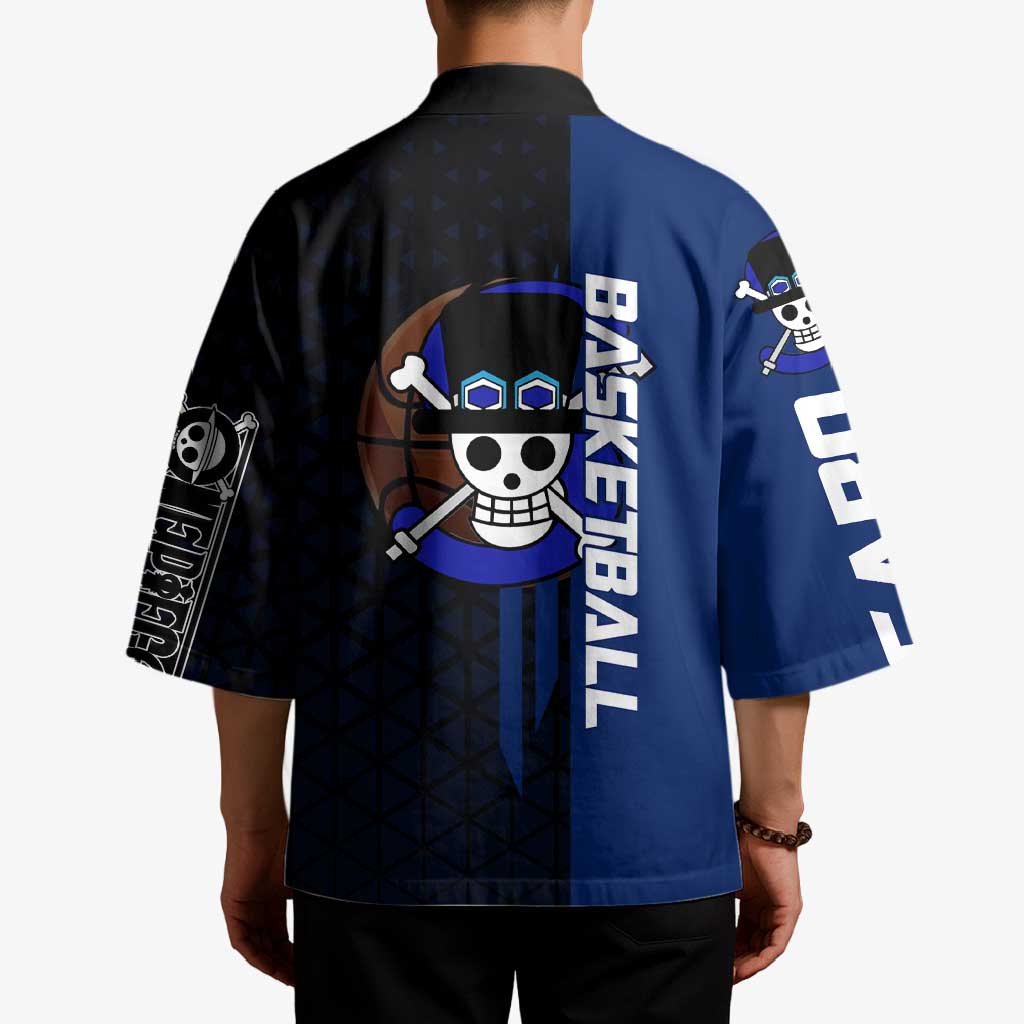 Sabo One Piece Basketball Theme Blue and Black Design Kimono with Top Hat Emblem and Action Dribble Pose - The Mazicc