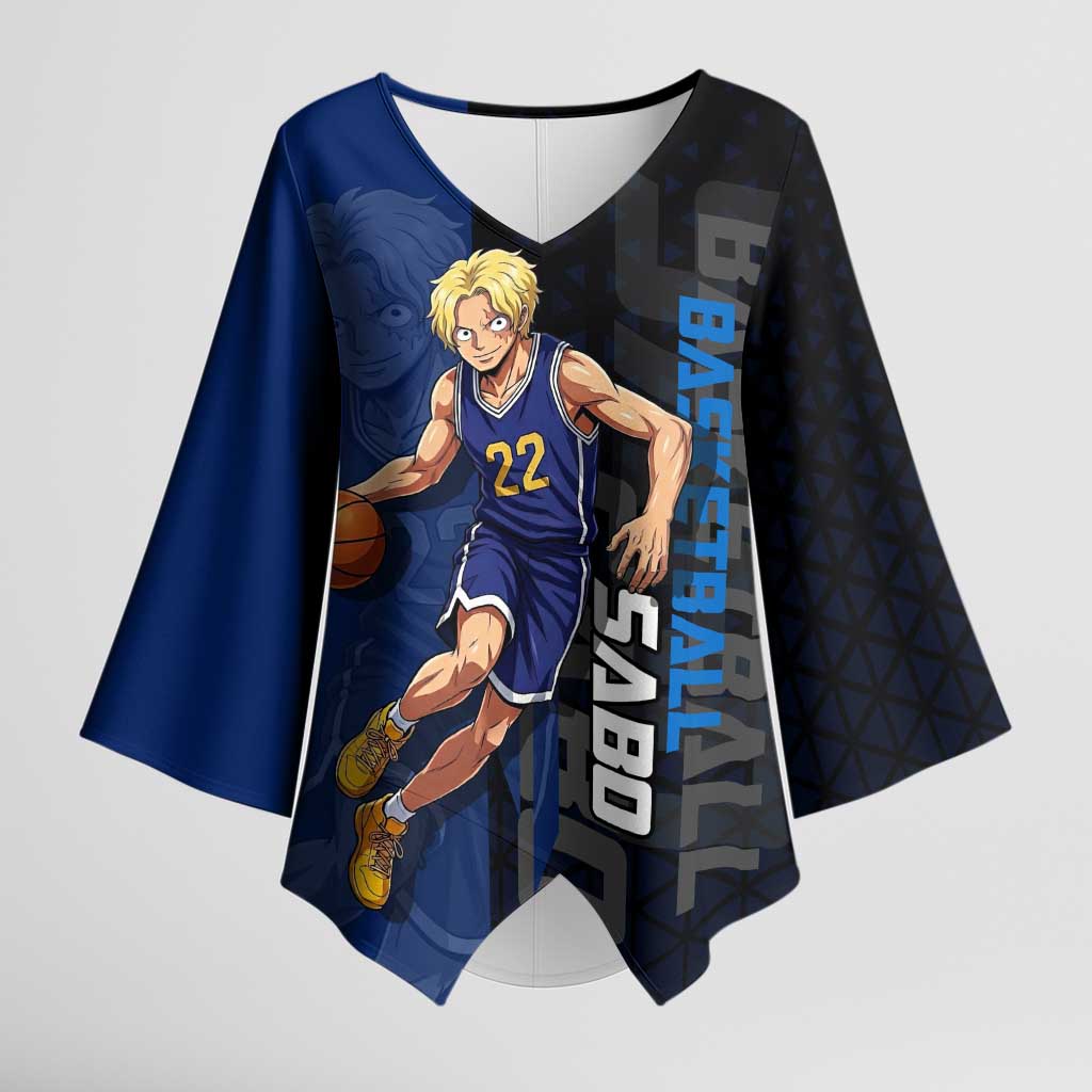 Sabo One Piece Basketball Theme Blue and Black Design Kimono Sleeve Blouse with Top Hat Emblem and Action Dribble Pose - The Mazicc