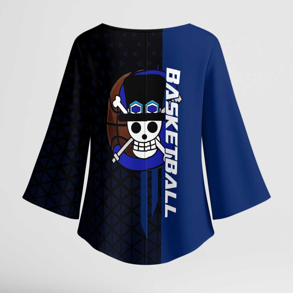 Sabo One Piece Basketball Theme Blue and Black Design Kimono Sleeve Blouse with Top Hat Emblem and Action Dribble Pose - The Mazicc
