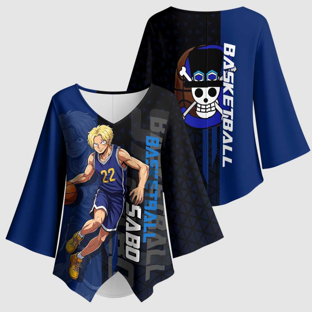 Sabo One Piece Basketball Theme Blue and Black Design Kimono Sleeve Blouse with Top Hat Emblem and Action Dribble Pose - The Mazicc