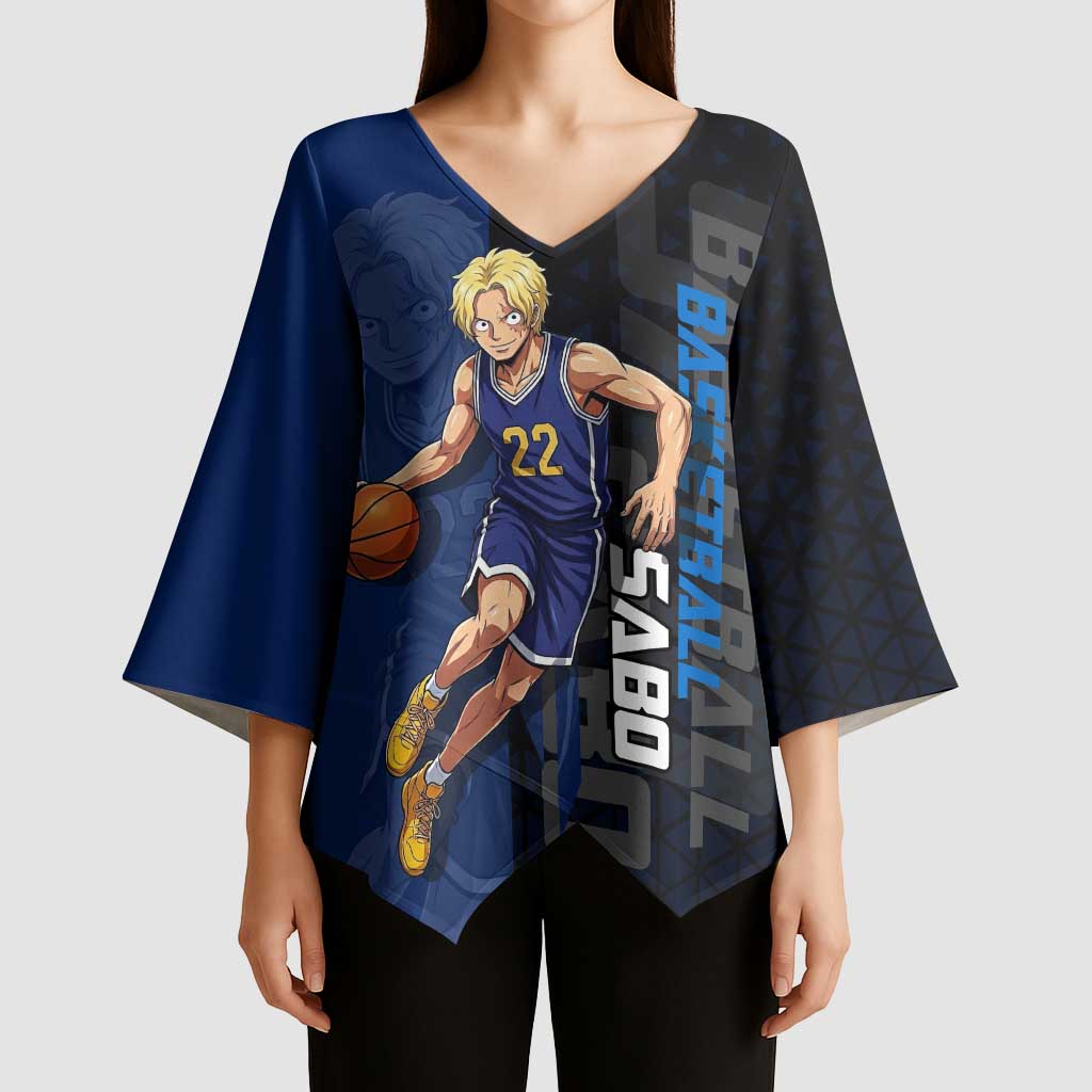 Sabo One Piece Basketball Theme Blue and Black Design Kimono Sleeve Blouse with Top Hat Emblem and Action Dribble Pose - The Mazicc