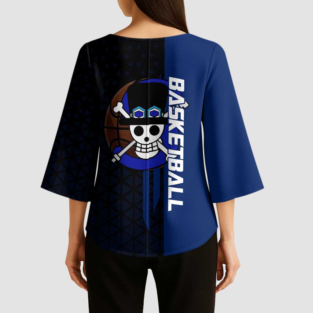 Sabo One Piece Basketball Theme Blue and Black Design Kimono Sleeve Blouse with Top Hat Emblem and Action Dribble Pose - The Mazicc
