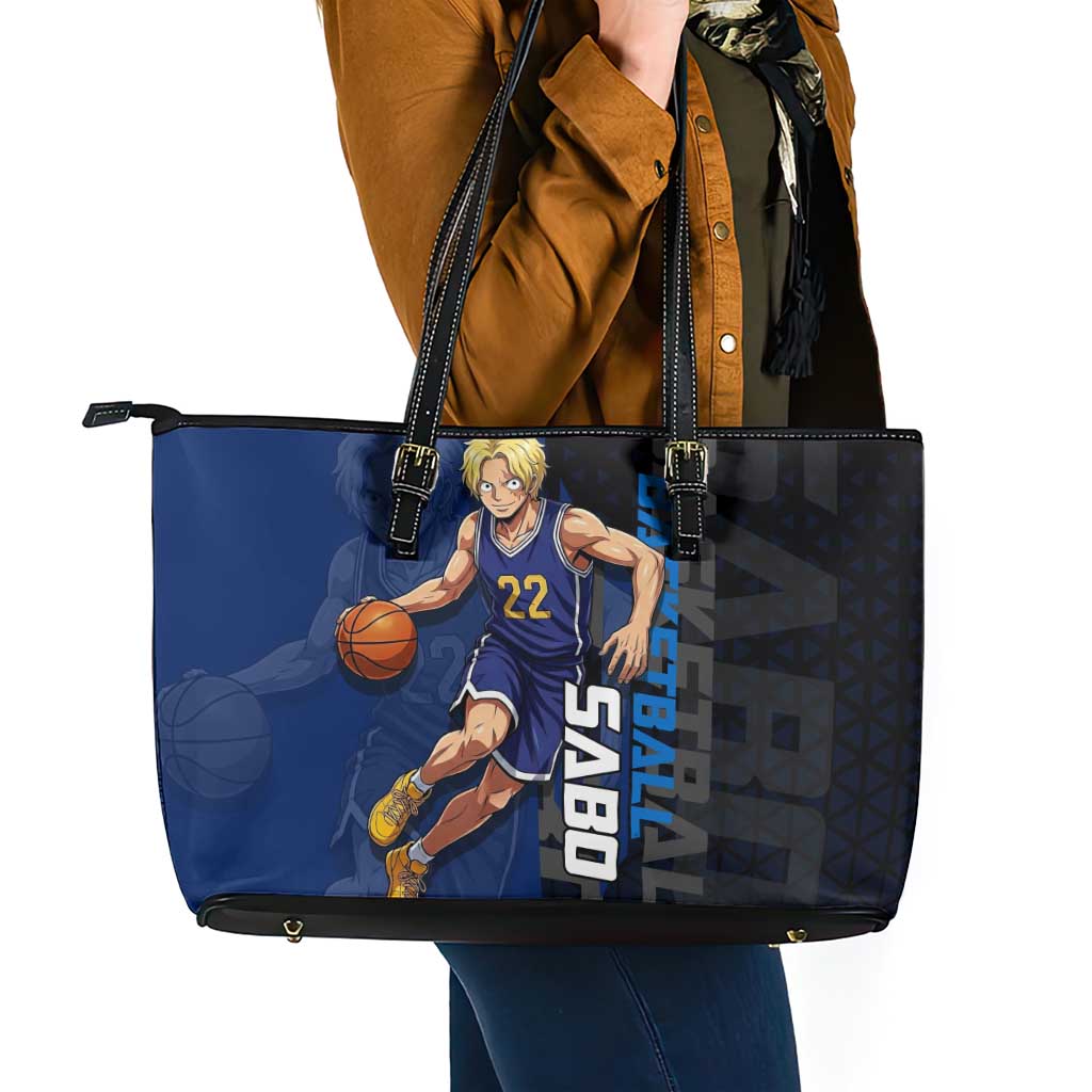 Sabo One Piece Basketball Theme Blue and Black Design Leather Tote Bag with Top Hat Emblem and Action Dribble Pose - The Mazicc