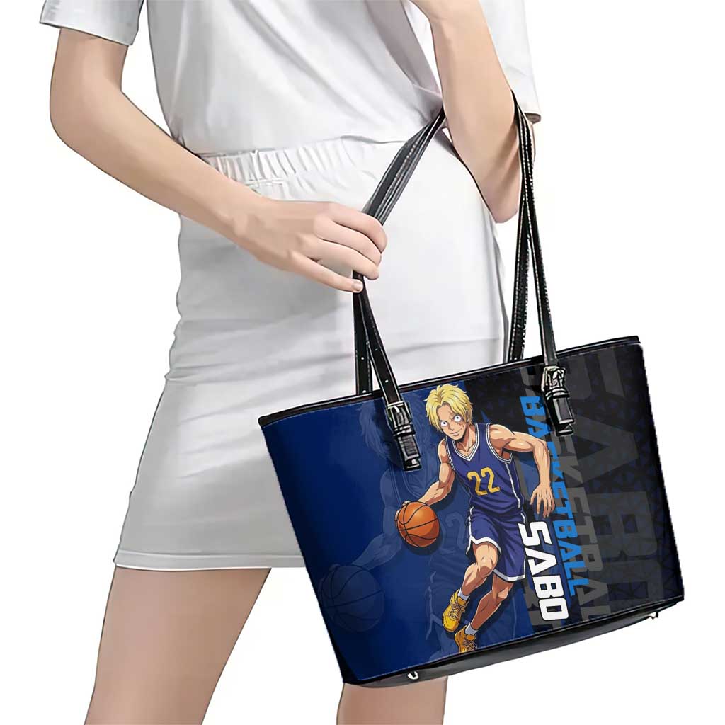 Sabo One Piece Basketball Theme Blue and Black Design Leather Tote Bag with Top Hat Emblem and Action Dribble Pose - The Mazicc