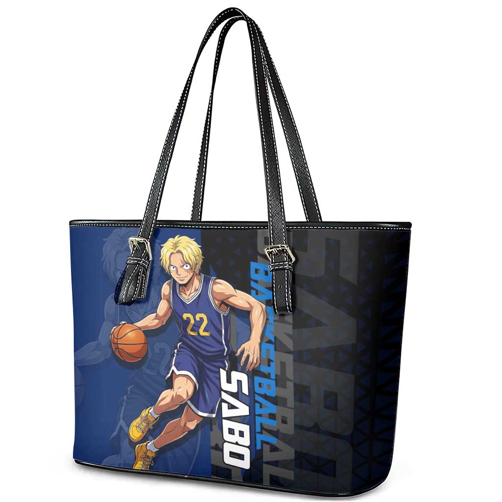 Sabo One Piece Basketball Theme Blue and Black Design Leather Tote Bag with Top Hat Emblem and Action Dribble Pose - The Mazicc