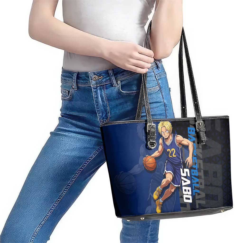 Sabo One Piece Basketball Theme Blue and Black Design Leather Tote Bag with Top Hat Emblem and Action Dribble Pose - The Mazicc