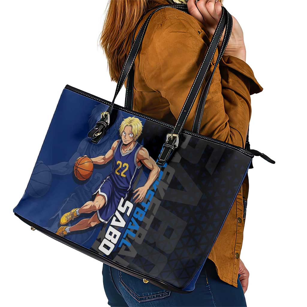 Sabo One Piece Basketball Theme Blue and Black Design Leather Tote Bag with Top Hat Emblem and Action Dribble Pose - The Mazicc