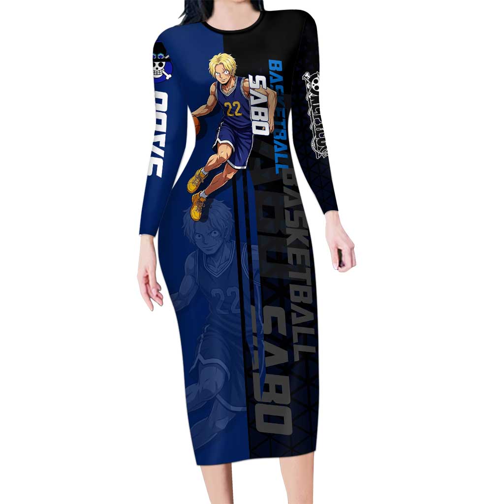 Sabo One Piece Basketball Theme Blue and Black Design Long Sleeve Bodycon Dress with Top Hat Emblem and Action Dribble Pose - The Mazicc