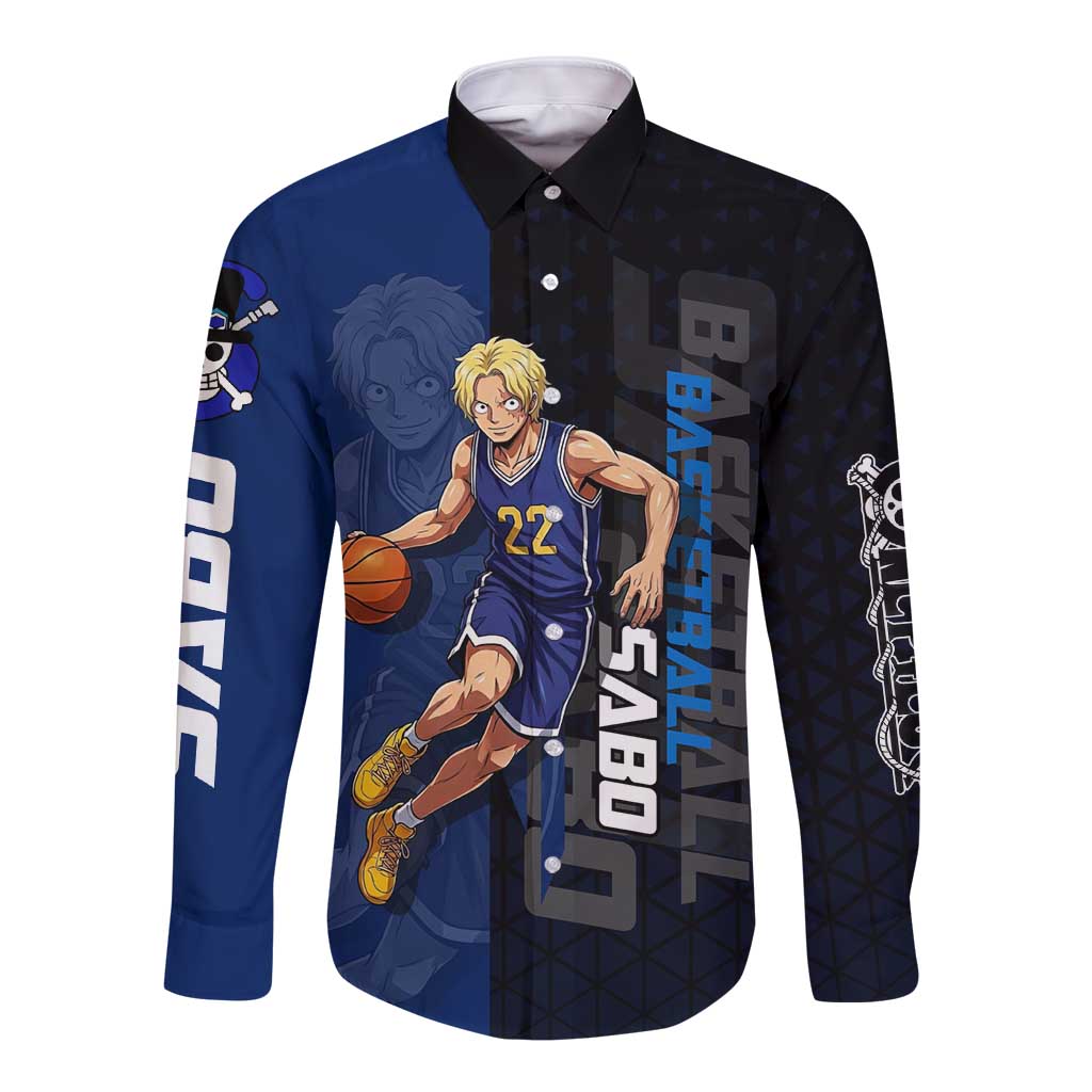 Sabo One Piece Basketball Theme Blue and Black Design Long Sleeve Button Shirt with Top Hat Emblem and Action Dribble Pose - The Mazicc