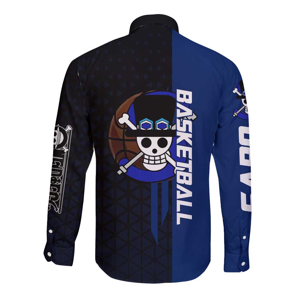 Sabo One Piece Basketball Theme Blue and Black Design Long Sleeve Button Shirt with Top Hat Emblem and Action Dribble Pose - The Mazicc