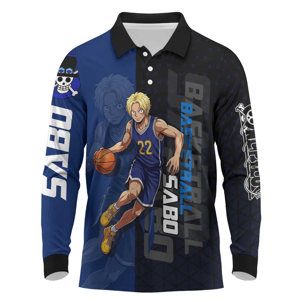 Sabo One Piece Basketball Theme Blue and Black Design Long Sleeve Polo Shirt with Top Hat Emblem and Action Dribble Pose - The Mazicc