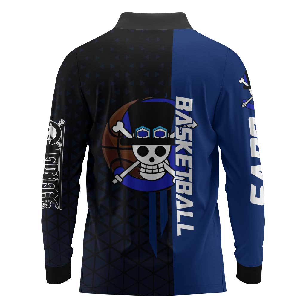 Sabo One Piece Basketball Theme Blue and Black Design Long Sleeve Polo Shirt with Top Hat Emblem and Action Dribble Pose - The Mazicc
