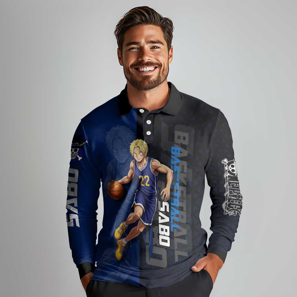 Sabo One Piece Basketball Theme Blue and Black Design Long Sleeve Polo Shirt with Top Hat Emblem and Action Dribble Pose - The Mazicc