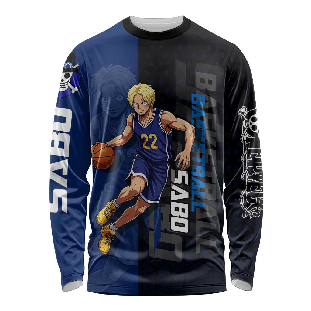 Sabo One Piece Basketball Theme Blue and Black Design Long Sleeve Shirt with Top Hat Emblem and Action Dribble Pose - The Mazicc