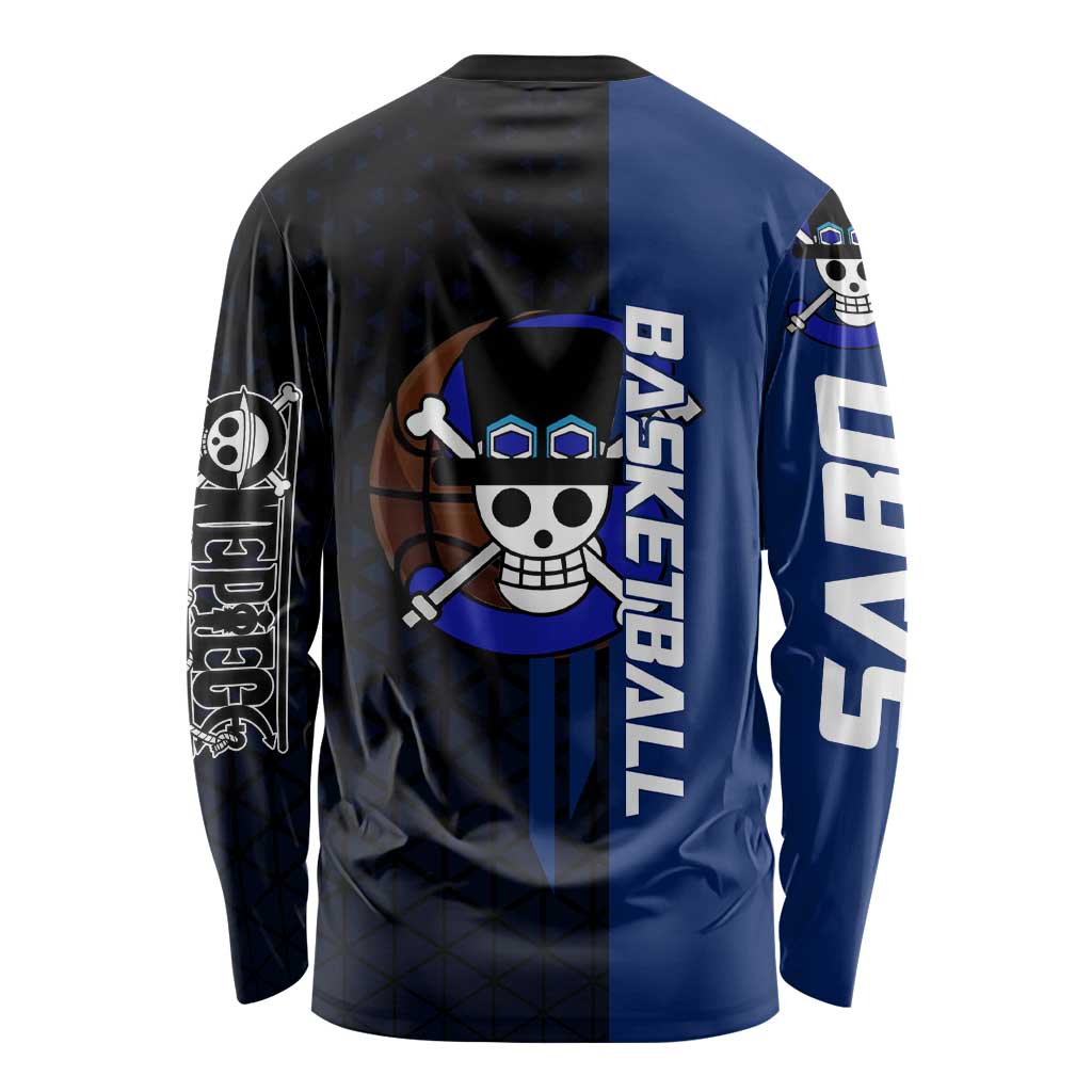 Sabo One Piece Basketball Theme Blue and Black Design Long Sleeve Shirt with Top Hat Emblem and Action Dribble Pose - The Mazicc