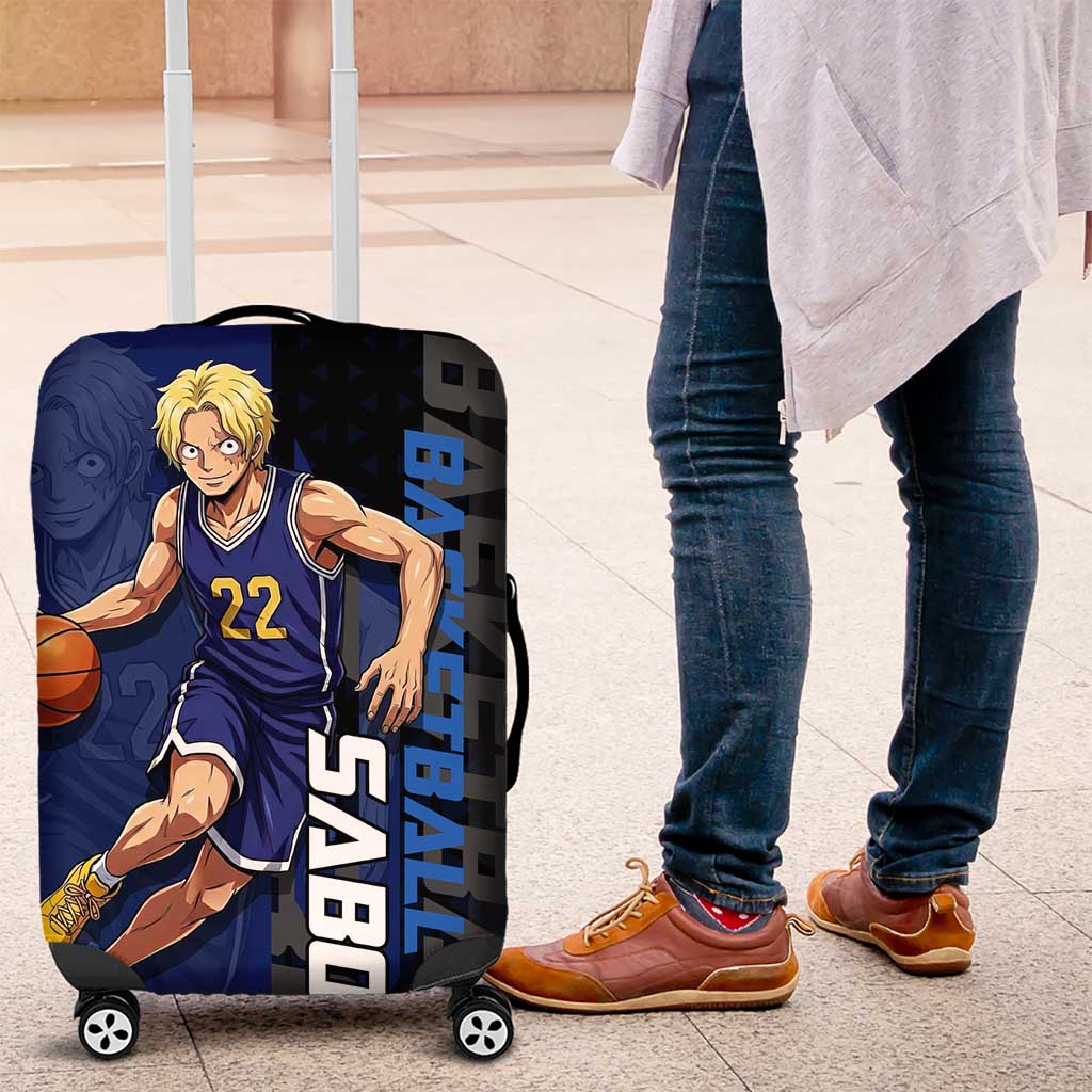 Sabo One Piece Basketball Theme Blue and Black Design Luggage Cover with Top Hat Emblem and Action Dribble Pose - The Mazicc