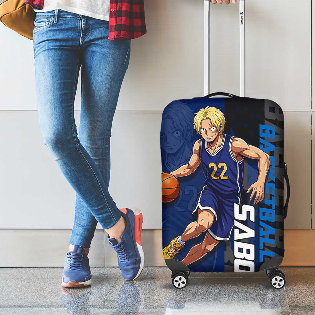 Sabo One Piece Basketball Theme Blue and Black Design Luggage Cover with Top Hat Emblem and Action Dribble Pose - The Mazicc