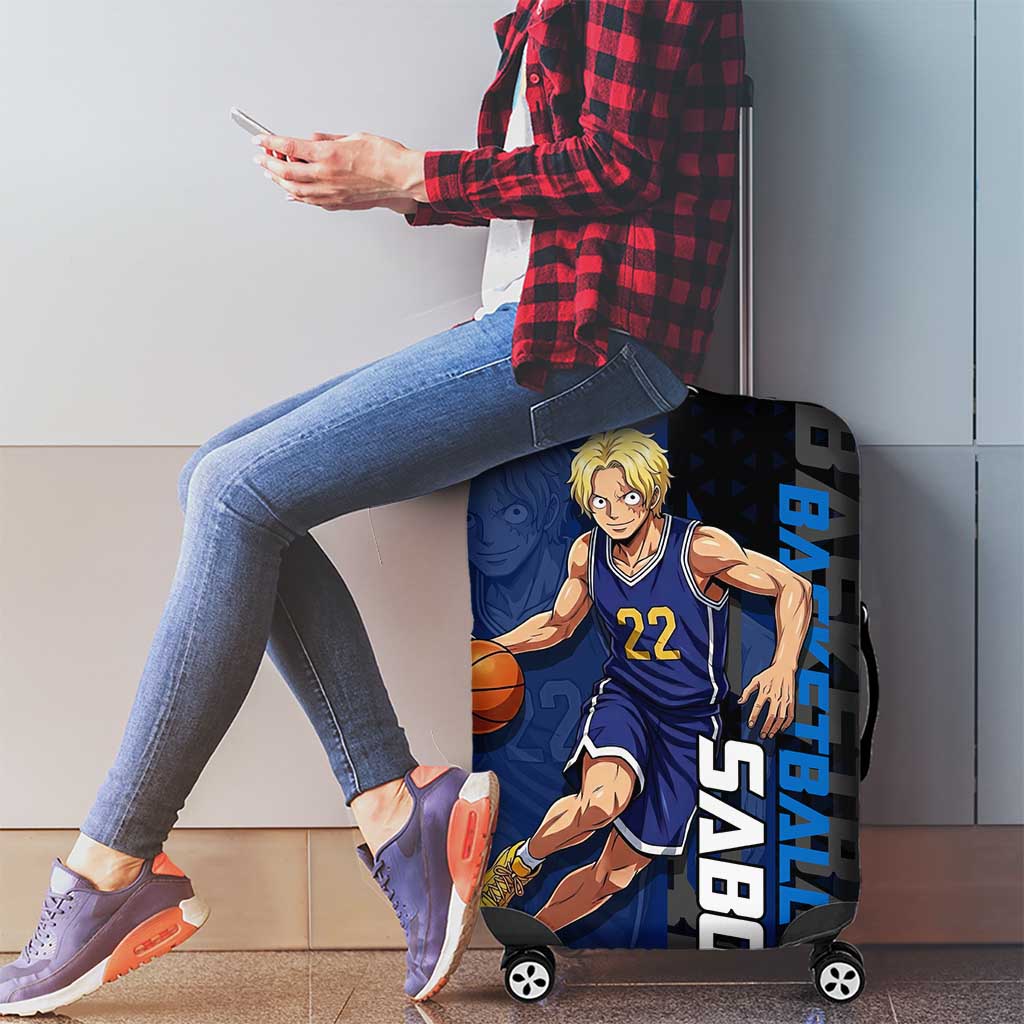 Sabo One Piece Basketball Theme Blue and Black Design Luggage Cover with Top Hat Emblem and Action Dribble Pose - The Mazicc