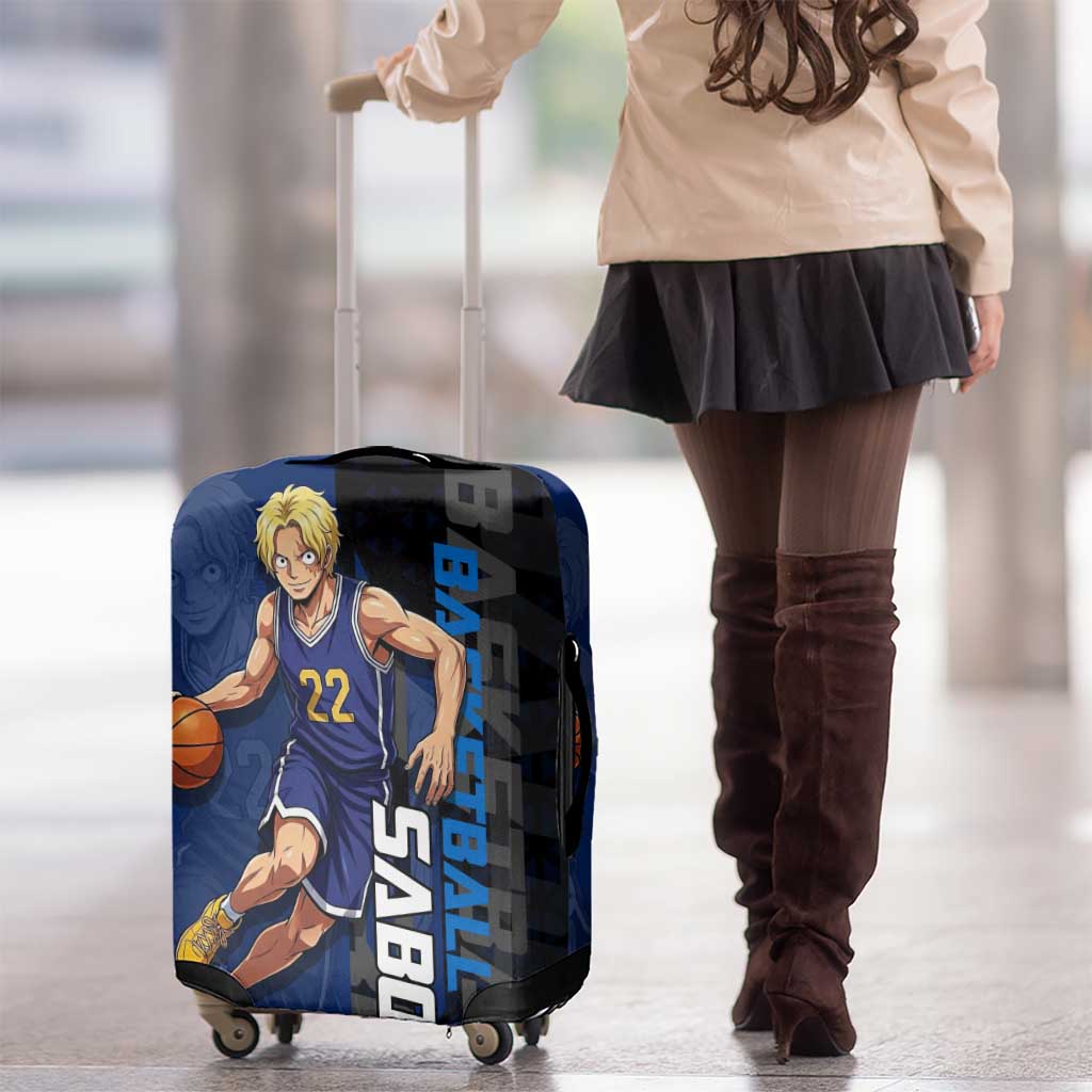 Sabo One Piece Basketball Theme Blue and Black Design Luggage Cover with Top Hat Emblem and Action Dribble Pose - The Mazicc