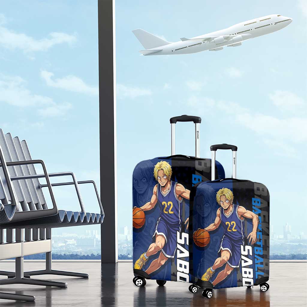 Sabo One Piece Basketball Theme Blue and Black Design Luggage Cover with Top Hat Emblem and Action Dribble Pose - The Mazicc