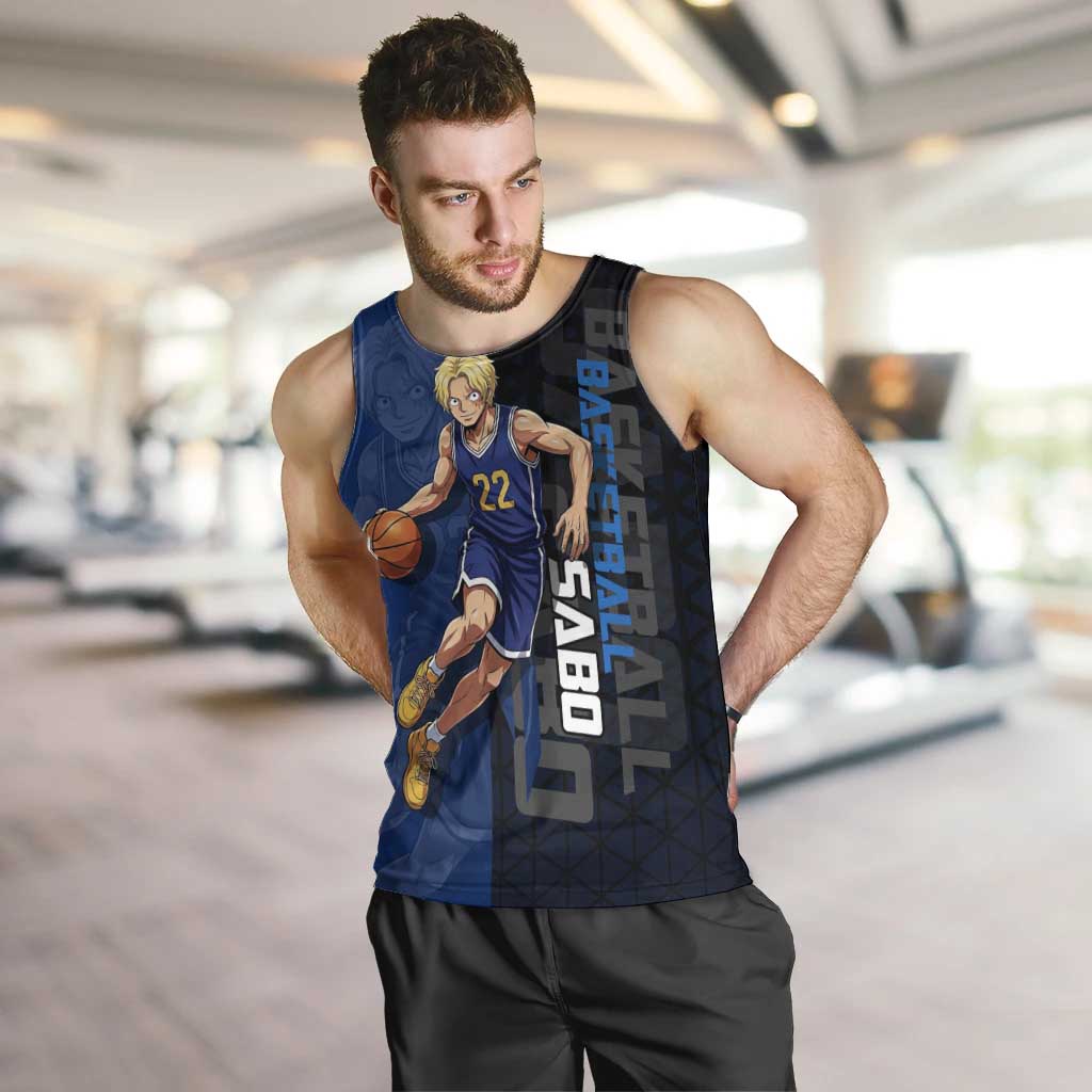 Sabo One Piece Basketball Theme Blue and Black Design Men Tank Top with Top Hat Emblem and Action Dribble Pose - The Mazicc