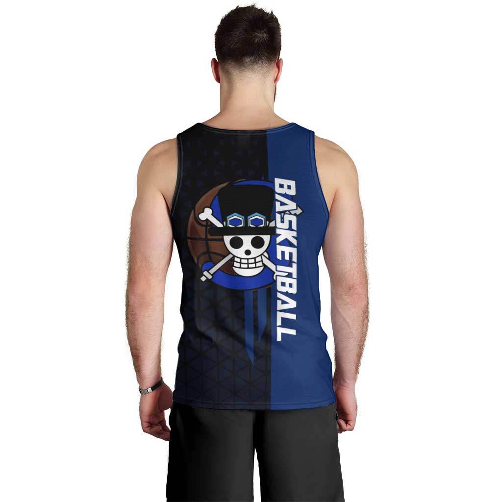 Sabo One Piece Basketball Theme Blue and Black Design Men Tank Top with Top Hat Emblem and Action Dribble Pose - The Mazicc