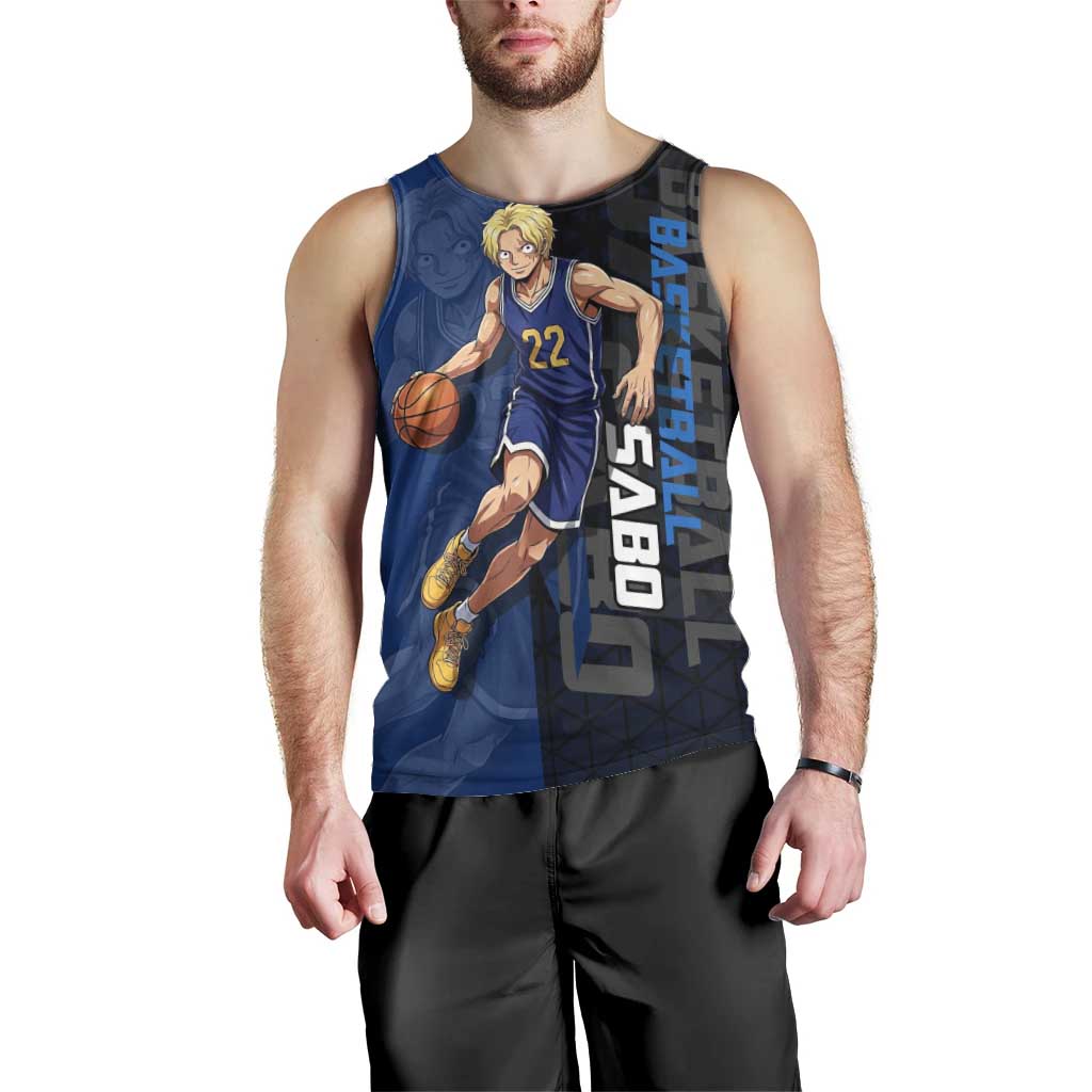 Sabo One Piece Basketball Theme Blue and Black Design Men Tank Top with Top Hat Emblem and Action Dribble Pose - The Mazicc