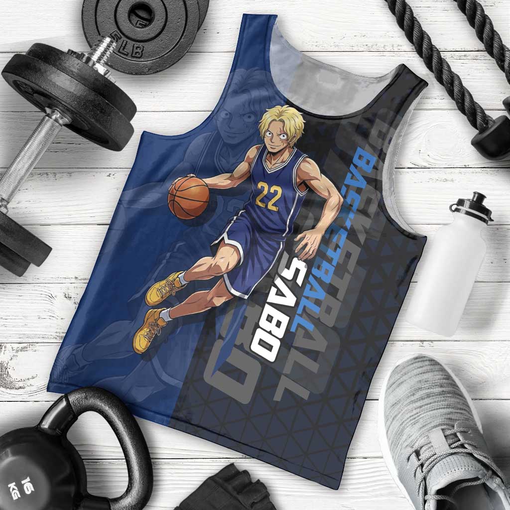Sabo One Piece Basketball Theme Blue and Black Design Men Tank Top with Top Hat Emblem and Action Dribble Pose - The Mazicc
