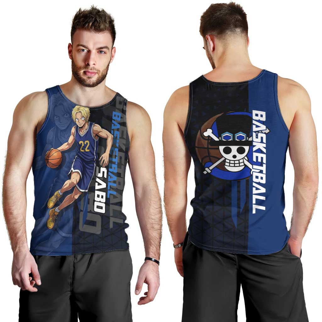 Sabo One Piece Basketball Theme Blue and Black Design Men Tank Top with Top Hat Emblem and Action Dribble Pose - The Mazicc
