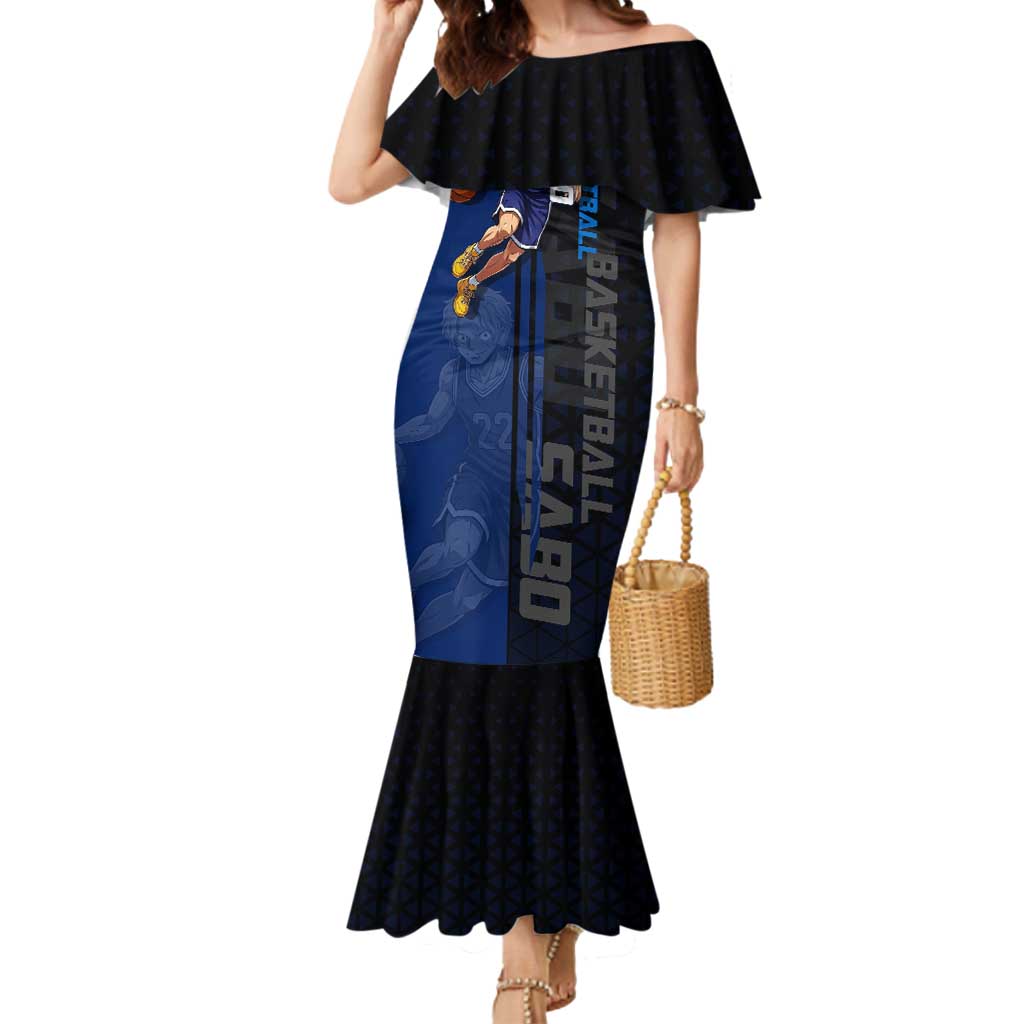 Sabo One Piece Basketball Theme Blue and Black Design Mermaid Dress with Top Hat Emblem and Action Dribble Pose - The Mazicc