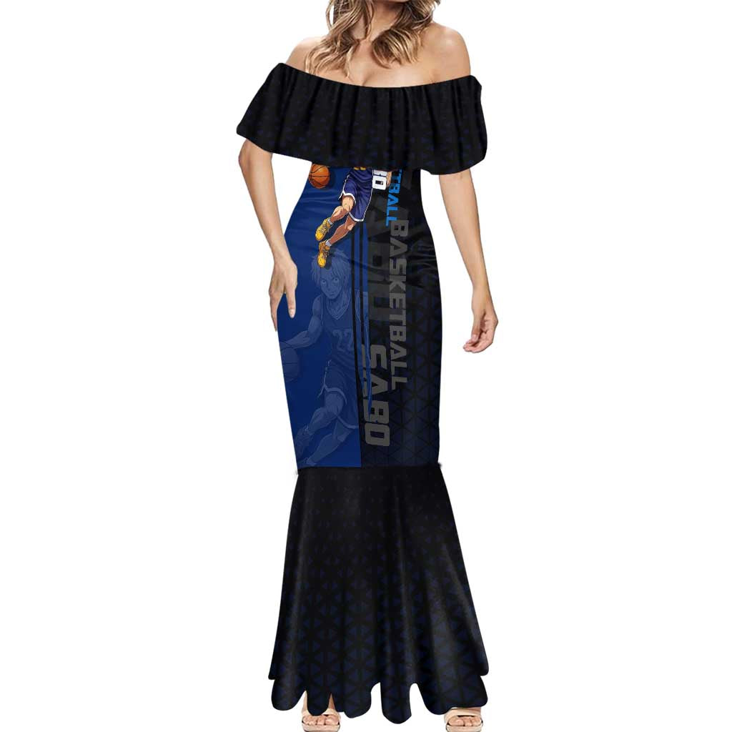 Sabo One Piece Basketball Theme Blue and Black Design Mermaid Dress with Top Hat Emblem and Action Dribble Pose - The Mazicc