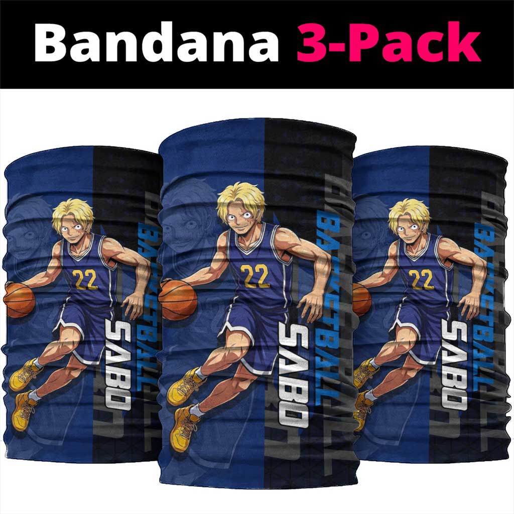 Sabo One Piece Basketball Theme Blue and Black Design Neck Gaiter with Top Hat Emblem and Action Dribble Pose - The Mazicc