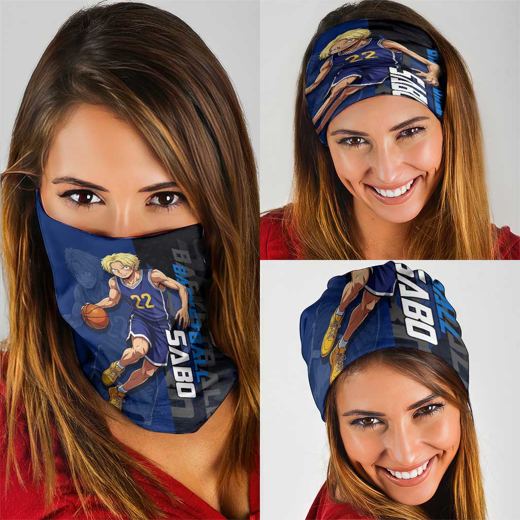 Sabo One Piece Basketball Theme Blue and Black Design Neck Gaiter with Top Hat Emblem and Action Dribble Pose - The Mazicc