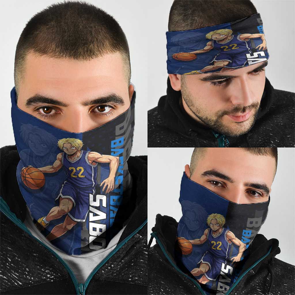 Sabo One Piece Basketball Theme Blue and Black Design Neck Gaiter with Top Hat Emblem and Action Dribble Pose - The Mazicc