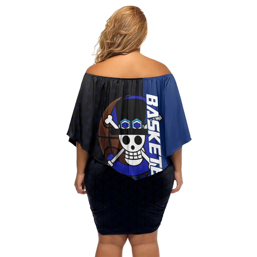 Sabo One Piece Basketball Theme Blue and Black Design Off Shoulder Short Dress with Top Hat Emblem and Action Dribble Pose - The Mazicc