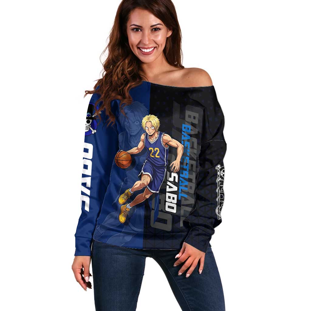 Sabo One Piece Basketball Theme Blue and Black Design Off Shoulder Sweater with Top Hat Emblem and Action Dribble Pose - The Mazicc