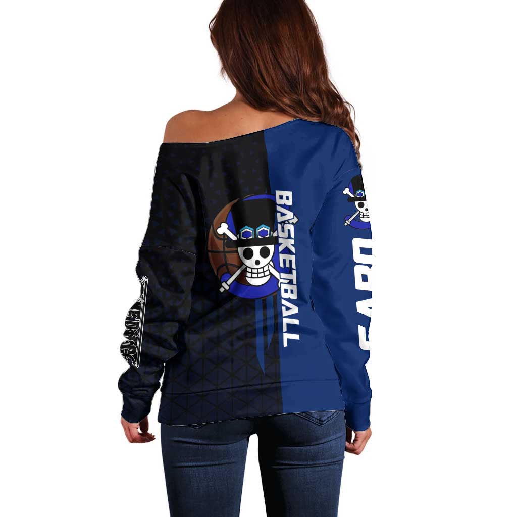 Sabo One Piece Basketball Theme Blue and Black Design Off Shoulder Sweater with Top Hat Emblem and Action Dribble Pose - The Mazicc