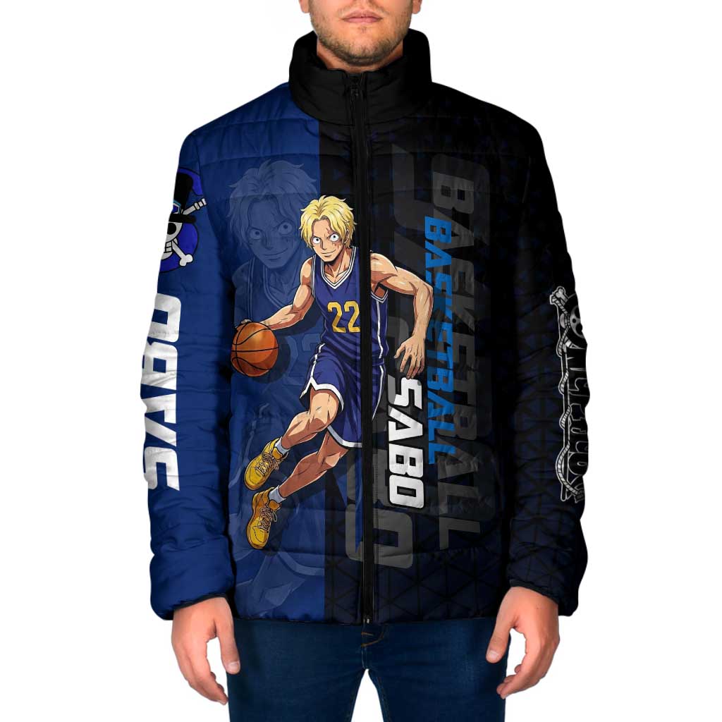 Sabo One Piece Basketball Theme Blue and Black Design Padded Jacket with Top Hat Emblem and Action Dribble Pose - The Mazicc
