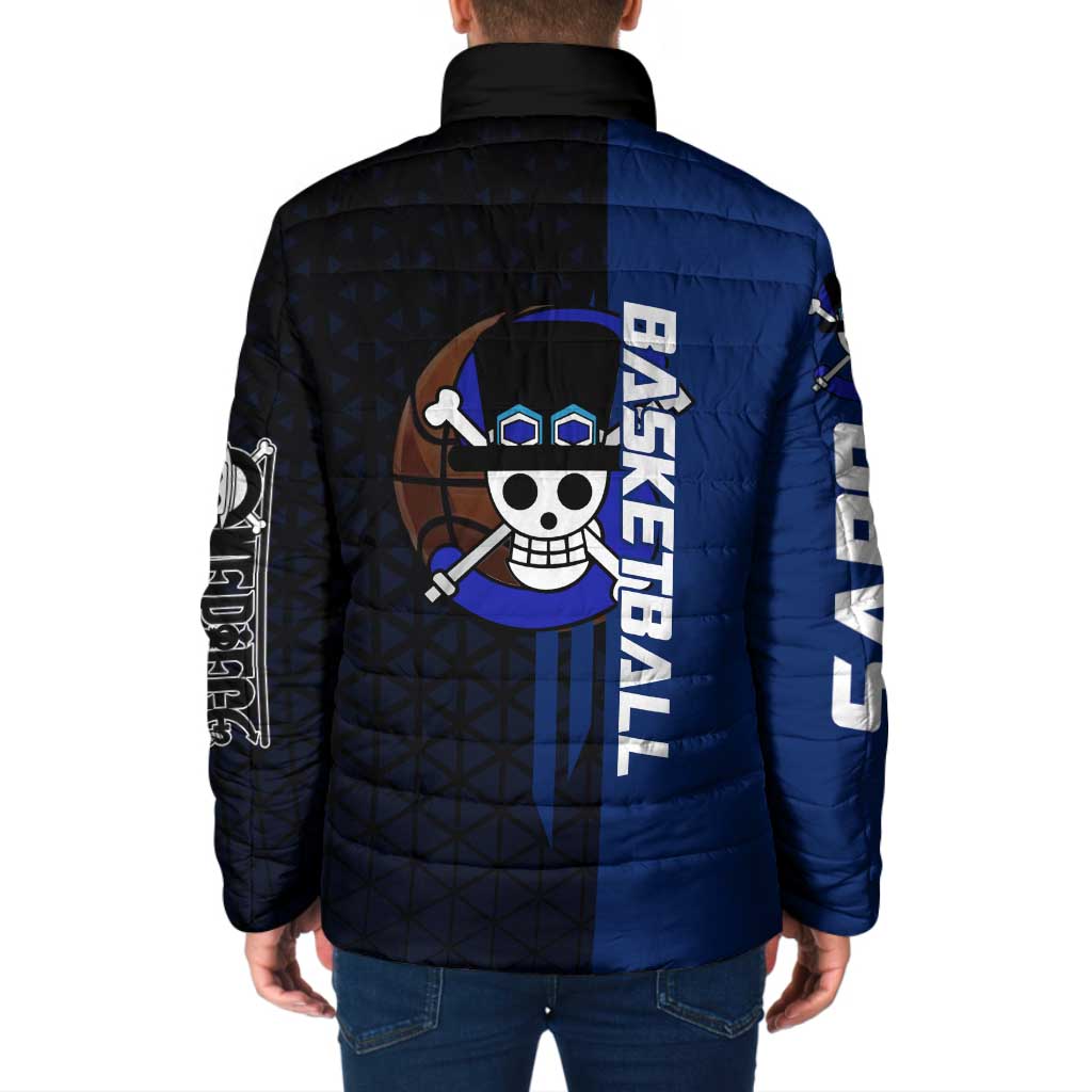 Sabo One Piece Basketball Theme Blue and Black Design Padded Jacket with Top Hat Emblem and Action Dribble Pose - The Mazicc