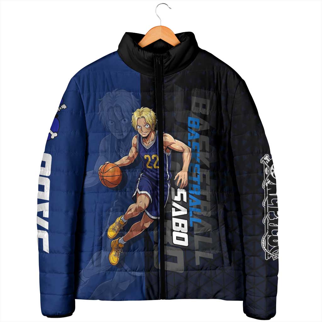 Sabo One Piece Basketball Theme Blue and Black Design Padded Jacket with Top Hat Emblem and Action Dribble Pose - The Mazicc