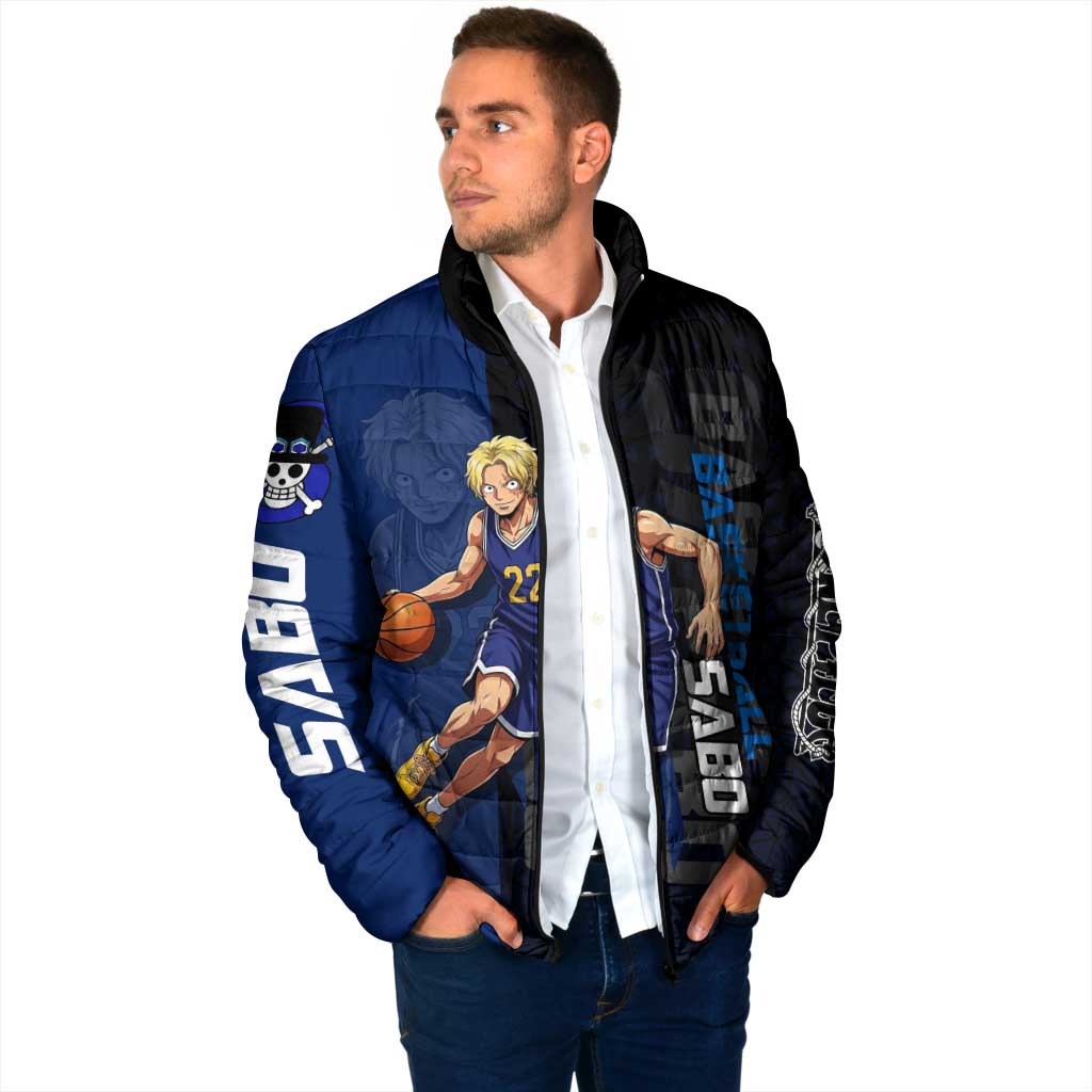 Sabo One Piece Basketball Theme Blue and Black Design Padded Jacket with Top Hat Emblem and Action Dribble Pose - The Mazicc