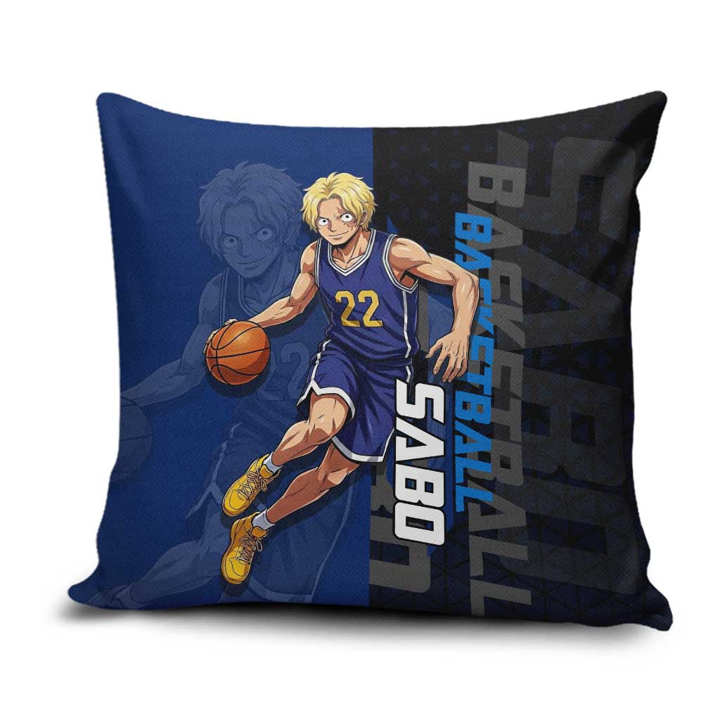 Sabo One Piece Basketball Theme Blue and Black Design Pillow Cover with Top Hat Emblem and Action Dribble Pose - The Mazicc
