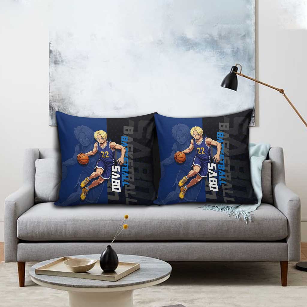 Sabo One Piece Basketball Theme Blue and Black Design Pillow Cover with Top Hat Emblem and Action Dribble Pose - The Mazicc