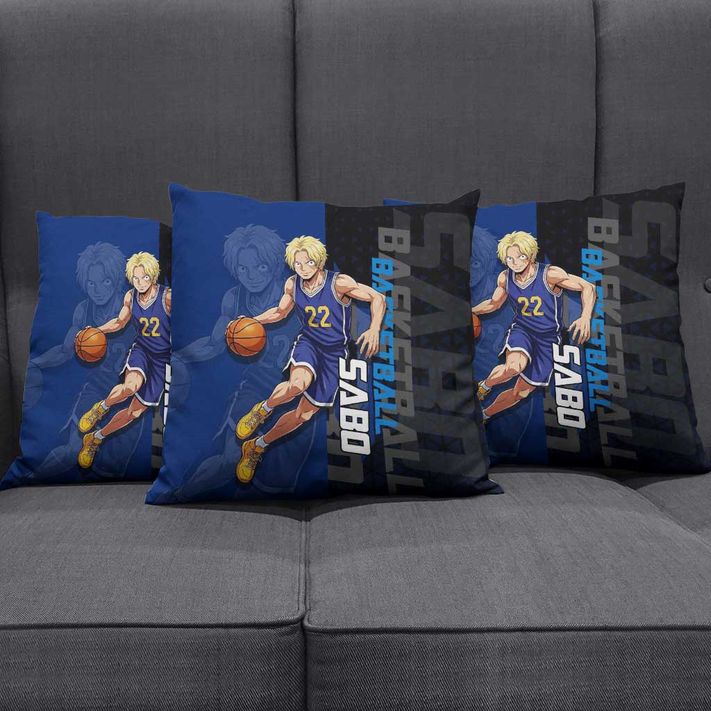 Sabo One Piece Basketball Theme Blue and Black Design Pillow Cover with Top Hat Emblem and Action Dribble Pose - The Mazicc