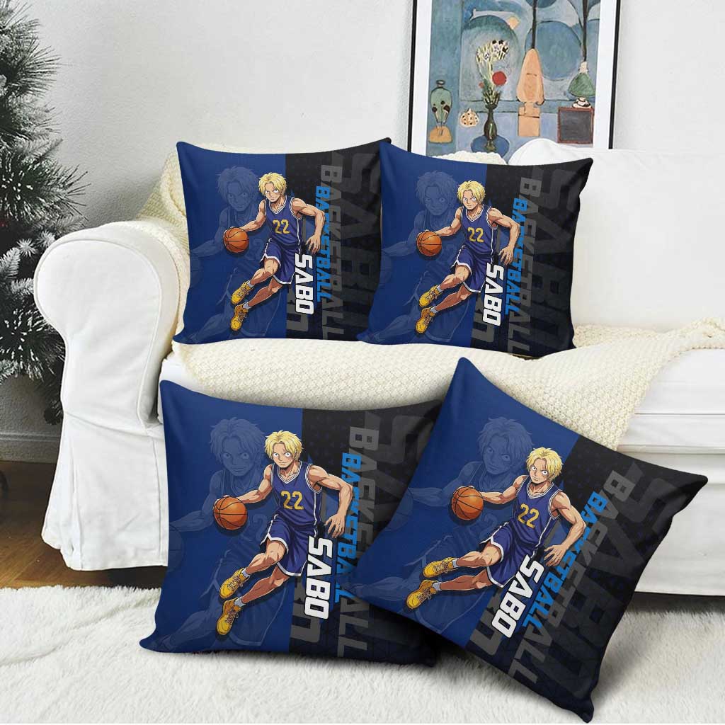 Sabo One Piece Basketball Theme Blue and Black Design Pillow Cover with Top Hat Emblem and Action Dribble Pose - The Mazicc
