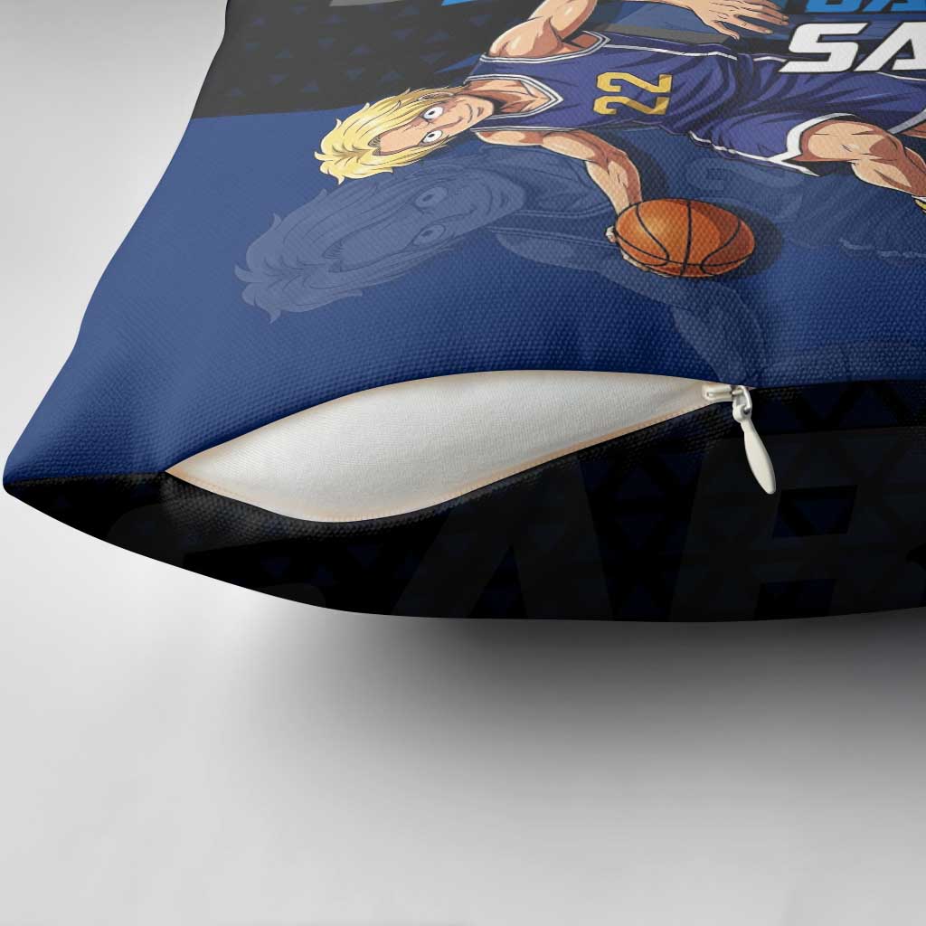 Sabo One Piece Basketball Theme Blue and Black Design Pillow Cover with Top Hat Emblem and Action Dribble Pose - The Mazicc