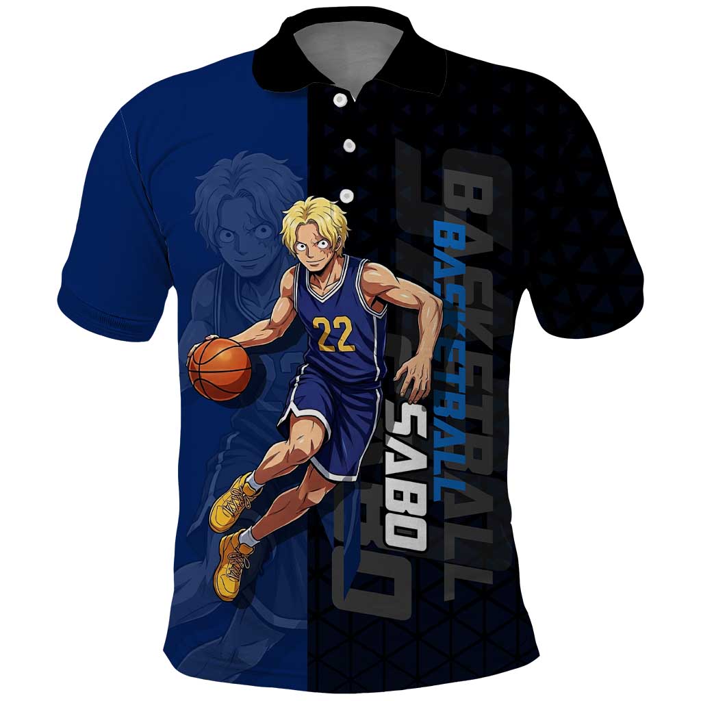 Sabo One Piece Basketball Theme Blue and Black Design Polo Shirt with Top Hat Emblem and Action Dribble Pose - The Mazicc